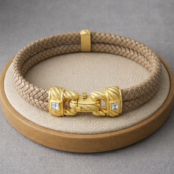 Judith Ripka Jewelry - Judith Ripka Tan Double Rope Leather Bracelet 925 Gold Over Clasp EUC 8" #523